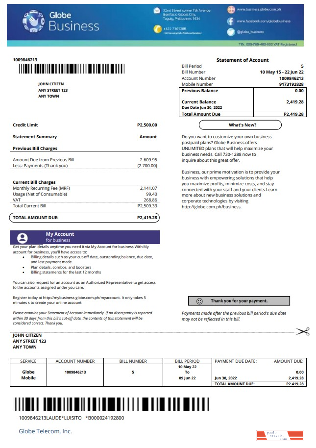 Philippines Globe Business utility bill template in Word and PDF format